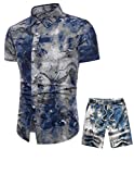Tebreux Men's Floral Outfits 2 Piece Shirts and Shorts Suit Button Down Hawaiian TrackSuit Blue XL