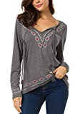 Women's Long Sleeve Boho Tops Tie Neck Embroidered Detail (L, Deep Gray)