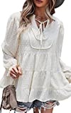 PRETTYGARDEN Lantern Long Sleeve Shirt Ruffle V Neck Tops for Women Chiffon Blouse Swiss Dot Pom Pom Shirts (Beige, Small)