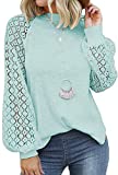 YESNO Women Trendy Blouses Casual Loose Knit Tops Pullover Hollow-Out Lace Long Sleeve Shirts TY3（L TY3 Green）