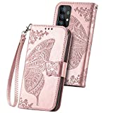 Wallet Case for Galaxy A52 4G/5G,PU Leather Flip Case Cover with Wrist Strap Cash Credit Card Slots Holder Pocket Emboss Butterfly Flower Protective Case for Samsung Galaxy A52 4G/5G Rose Gold