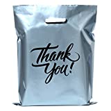 InfinitePack 100 Pieces Silver Thank You Merchandise Bags 12x15, Die Cut Handles, Retail Shopping Bags for Boutique, Goodie Bags, Gift Bags Bulk, Favors, 2.35 Mil Reusable Plastic Bags