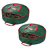 ZOBER Christmas Wreath Storage Bag - Water Resistant Fabric Storage Dual Zippered Bag for Holiday Artificial Christmas Wreaths, 2 Stitch-Reinforced Canvas Handles (24 Inch, Green, Set of 2)