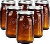 Amber Glass Mason Jars 32 oz Wide Mouth with Airtight Lids and Bands 6 Pack, Amber Clear Glass Canning Mason Jars, Quart Mason Jars (Set of 6) (Wide Mouth)
