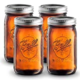 Ball Amber Glass Wide Mouth Mason Jars (32 oz/ Quart ) 4 Pack. With Airtight lids and Bands - Amber Canning Jar - UV light Protection - Microwave & Dishwasher Safe. + SEWANTA Jar Opener