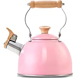 ROCKURWOK Whistling Tea Kettle, 1.6 QT / 50 OZ, Pink Teapot, Universal Base for Induction | Gas | Electric | Halogen | Radiant, Wooden Handle, Vintage