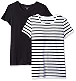 Amazon Essentials Women's 2-Pack Classic-Fit Short-Sleeve Crewneck T-Shirt, White Mariner Stripe/Black, Large