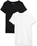 Amazon Essentials Women's 2-Pack Classic-Fit Short-Sleeve V-Neck T-Shirt, Black/White, Small