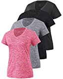 Xelky 3-4 Pack Women's V Neck Tshirt Short Sleeve Moisture Wicking Athletic Shirts Sport Activewear Fitness Workout Gym Tops 4Black/MBlack/Gray/Rose L