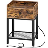 Rolanstar Nightstand with Charging Station and USB Ports, Rustic End Side Table with Metal Storage Shelf for Bedroom, Living Room, Rustic Brown