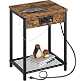 Seventable End Table with Charging Station & USB Ports, Narrow Side Table for Living Room, Nightstand with Storage Shelf 2-Tier Sofa Table for Bedroom Rustic Brown
