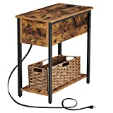 Rolanstar End Table with Charging Station & Rattan Basket, Narrow End Table with Drawer and USB Ports for Living Room, Nightstand Sofa Table for Bedroom Rustic Brown