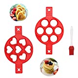 Pancake mold maker 2pcs, Silicone pancake molds, Pancake Mold, Non Stick Pancake Maker, Round/Heart pancake mold, 7 Cavity, with 1 Silicone Brush, for Muffin/Pancake/Eggs