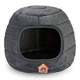 Hollypet 16×16×12.5 inches Coral Velvet Self-Warming 2 in 1 Foldable Cave Shape High Elastic Foam Pet Cat Bed for Cats and Small Dogs, Dark Gray
