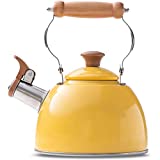 ROCKURWOK Whistling Tea Kettle, 1.6 QT / 50 OZ, Yellow Teapot, Universal Base for Induction | Gas | Electric | Halogen | Radiant, Wooden Handle, Vintage