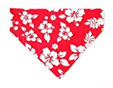 Red Hawaiian Print in White Hibiscus Flowers Dog Bandanna, Over the Collar Slip Thru Thread Through Pet Scarf