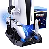 PS5 Stand with 2 Cooling Station & Dual Controller Charging Station for PS5 Console,Digital/Disc Edition, Benazcap PS5 Accessories Cooling Stand with Charge Stock, Headset Holder and 8 Game Slot,Black