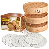 DEALZNDEALZ 3-Piece Bamboo Steamer Basket with Lid 10-inch 2-Tier, 50 Perforated Bamboo Steamer Liners with 2-Pairs of Bamboo Chopsticks