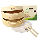 ARREY GROUP Bamboo Steamer, 2 Tier Design 10 Inch Dumpling Steamer Including 2 Set of Chopsticks 20 Liners & Sauce Dish, Bamboo Steamer Basket for Dim Sum, Vegetables, Rice, Fish & Meat