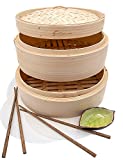 Premium 8 Inch Handmade Bamboo Steamer - Two Tier Baskets - Dim Sum Dumpling & Bao Bun Chinese Food Steamers - Steam Baskets For Rice, Vegetables, Meat & Fish Included 2 Sets Chopsticks, 20 Liners & Sauce Dish