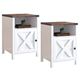 Farmhouse Nightstands with Storage Space, Industrial End Table Set for Bedroom, Rustic Night Stand, Living Room Modern Accent Table, Wood Bed Side Table with Shelf and Barn Door, Set of 2, White