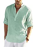 COOFANDY Men's Cotton Linen Henley Shirt Long Sleeve Hippie Casual Beach T Shirts Green