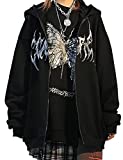 MISSACTIVER Womens Casual Graphic Printed Hoodies Oversized Zip Up 90S E-Girl Streetwear Grunge Jacket Black