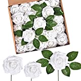 25pcs Artificial Flowers Roses, Fake Roses with Stem for DIY Wedding, Party, Valentines Day Gifts,, Home Decorations,Home Flower Arrangement Decorations,Wedding Bouquets (White, 25pcs)