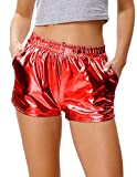 Kate Kasin Women's Yoga Hot Shorts Shiny Metallic Pants with Elastic Waist Red