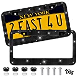 Black License Plate Frames,DAIVOS Bling Rhinestone Car License Plate Cover for Women&Men,Sparkly Diamond Handcrafted Car Plate Holders,Waterproof Stainless Steel Universal US Car Accessories(2Pack)