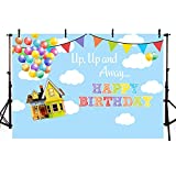 MEHOFOTO UP Birthday Party Photo Studio Backdrop Props Boy Adventure Happy Birthday Up Up and Away Balloons Party Decorations Blue Sky and White Clouds Photography Background Banner 7x5ft