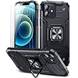 VOMODI Compatible for iPhone 12 Case,with 2 Screen Protector,Military Grade Drop Protection,Armor Phone Protective Case,with Ring Kickstand,Rugged Shockproof Cover 6.1 inch,Black