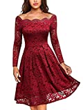 MISSMAY Women's Vintage Floral Lace Long Sleeve Boat Neck Cocktail Party Swing Dress (Small, A-red)
