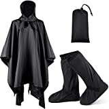 Black Waterproof Poncho Hooded Poncho Waterproof Raincoat with Black Rain Boots Overshoes Waterproof Shoe Cover for Outdoor Activities, Hiking, Camping, Mountaineering (Large)