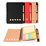 Kisdo 3 Packs Lined Spiral Notebook Kraft Paper Cover Notepad with Pen In Holder, Sticky Notes and Page Marker Colored Index Tabs, 4.5“x5.5” Steno Pocket Business Notebook