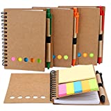 4 Packs Lined Spiral Notebook Kraft Paper Cover Notepad with Pen in Holder, Sticky Notes and Page Marker Colored Index Tabs, Steno Pocket Business Notebook,4.5 x 5.5 Inch (Brown)