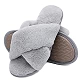 LORDFON Women's Memory Foam Cross Band House Slippers,Soft Furry Cozy Slip On Open Toe Indoor Home Slippers for Women,Comfy Fluffy Fuzzy Women's Bedroom Scuff Slippers Non-Slip Grey