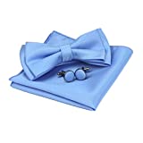 Mens Adjustable Bow Ties Double Fold Pre-tied Light Blue Bow tie and Pocket Square Cufflink Sets (0577-09)