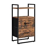 SONGMICS Nightstand, Side Table, Dresser Tower with 2 Fabric Drawers, Storage Shelves, Wooden Top and Front, Metal Frame, Industrial, Rustic Brown and Black ULGS103B01