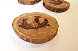Thistle Coasters set of 4, Natural Wood Slice Engraved Coaster Set