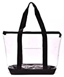 Clear Tote Bag - Zipper Closure, Long Shoulder Strap, Fabric Trimming. (Black)