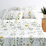 Wake In Cloud - Botanical Sheet Set, Yellow Flowers and Green Leaves Floral Garden Pattern Printed on White, Soft Microfiber Bedding (4pcs, Full Size)