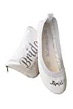 White Bride & Bridesmaid Fold Up Ballet Flats-Foldable Bridal Wedding Party Shoes with Bride Print-Cute Purse unfolds into a Tote Carry Bag(Medium Size 7-8)