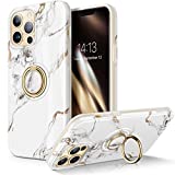 GVIEWIN Case Compatible with iPhone 13 Pro Max 6.7 Inch 2021, Built-in 360° Rotatable Ring Stand, Marble Ultra Slim Glossy Hard Shockproof Kickstand Phone Holder Protective Case Cover (White/Gold)