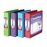 Cardinal 3 Ring Binders, 2 Inch Binder with Round Rings, Holds 475-Sheets, ClearVue Covers, Non-Stick, PVC-Free, Assorted Colors, 4 Pack (29311)