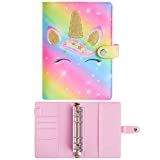 Fancy Daisy 6 Ring Binder PU Leather A6 Budget Binder Unicorn Mini Binder for Budget Envelopes Money Organizer for Cash for Saving Pink Notebook Binder 6 Ring Planner for Budget Binder Stickers