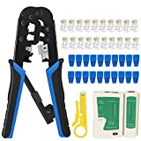 RJ45 Crimping Tool Kit Ethernet Crimp Tool Set, RJ-11, 6P/RJ-12, 8P/RJ-45 Crimp, Cut and Strip Tool with 20PCS RJ45 CAT5 CAT5e Connectors, 20PCS Covers,1 Network Cable Tester and 1 Wire Stripper