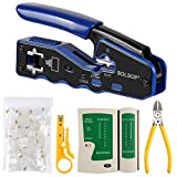 Solsop Network Lan Cable Tester RJ45 Crimp Tool Pass Through Modular CAT6 Cat5e Cat5 Crimping Tool Kit, 50PCS CAT5e CAT6 Pass Through Connectors, Mini Wire Stripper, Wire Cutter plier