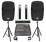 Complete Professional 2000 Watts PA System 6 Ch Mixer 10" Speakers Dual Wireless Mics Stand