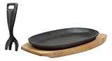 Ebros Personal Sized 9.5"Lx5.5"W Cast Iron Sizzling Fajita Skillet Japanese Steak Plate With Handle and Wooden Base For Restaurant Home Kitchen Cooking Accessory For Pan Grilling Meats Seafood